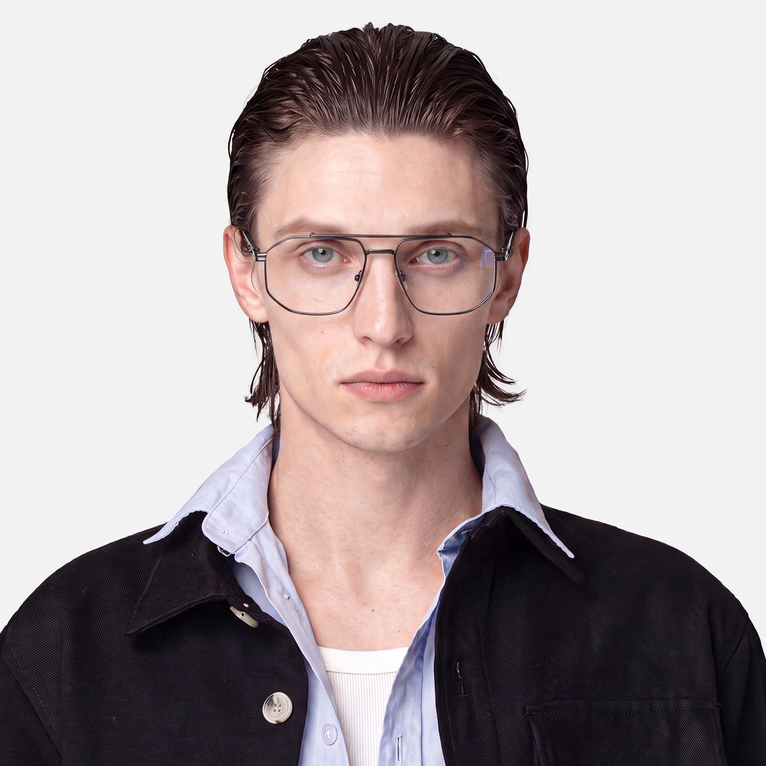 Ando - Matte Black Geometric Metal Glasses | Vooglam On Model 2