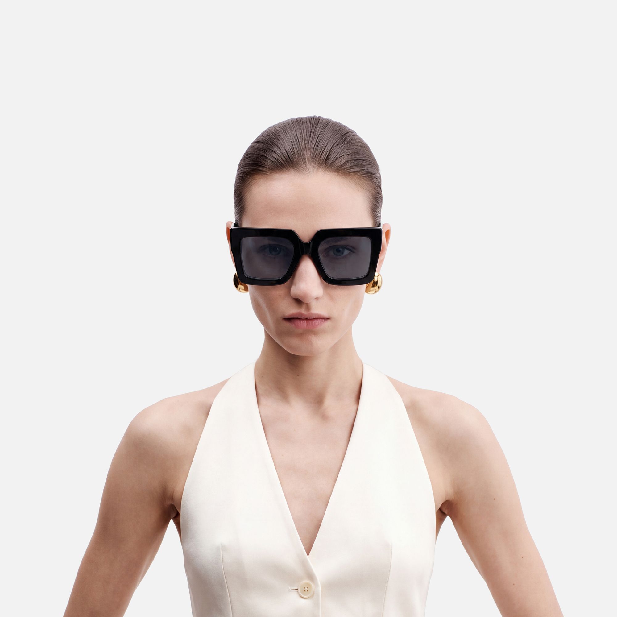 Charisse - Bold Chunky Square Black Sunglasses | Vooglam On Model 1