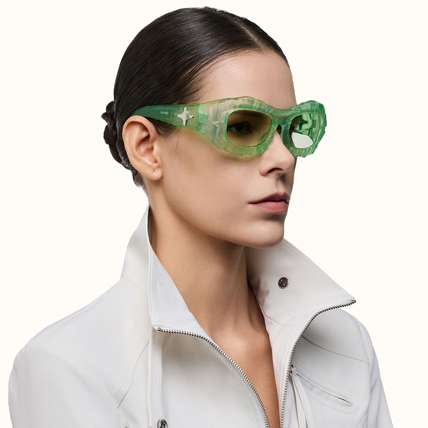 The Geologist - Green Tint Transparent Sunglasses | Vooglam On Model 3