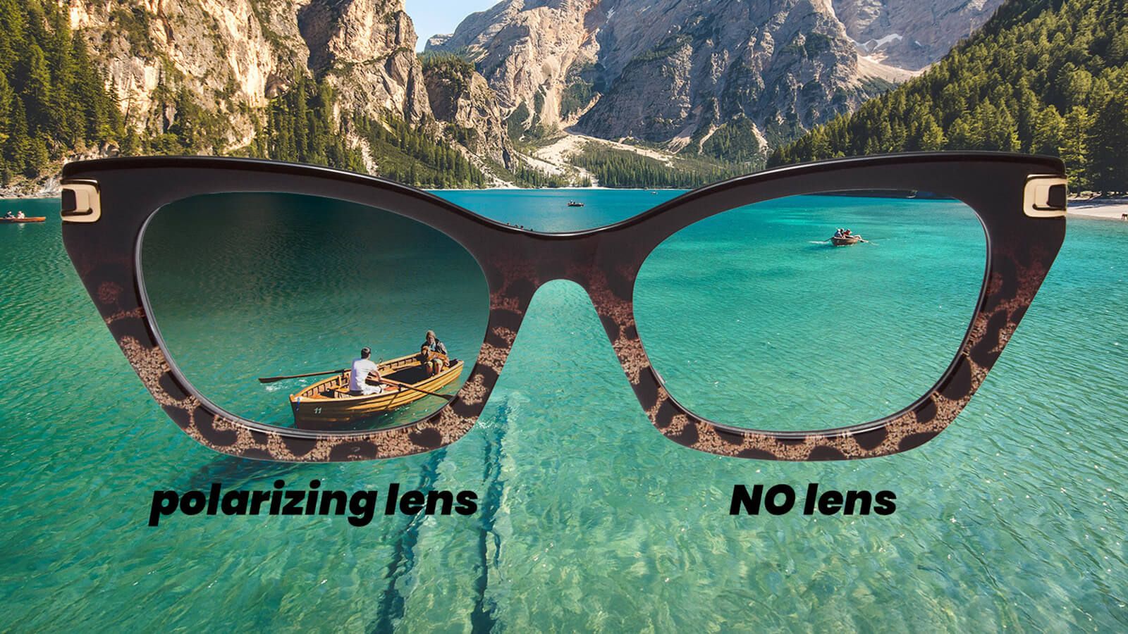 View through a pair of sunglasses showing one lens polarized and the other without, revealing clearer water and scenery with the polarized side.