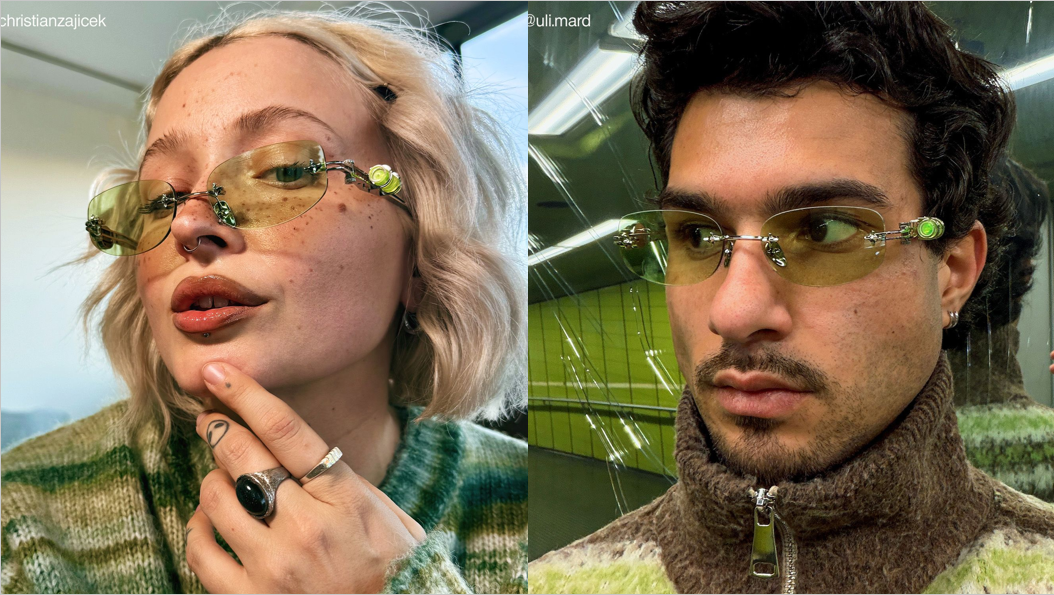 A split-screen lifestyle image showing two individuals wearing the green-tinted rimless glasses in casual urban settings, highlighting how tinted rimless frames create a youthful, 