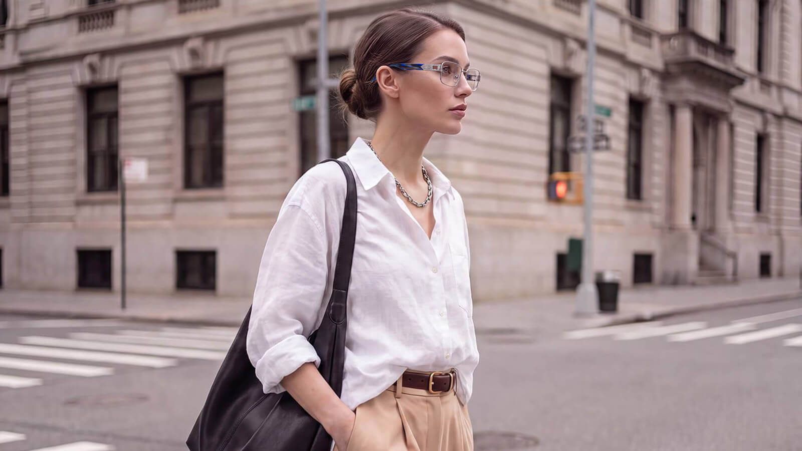 teacher with rimless rectangle glasses when commute