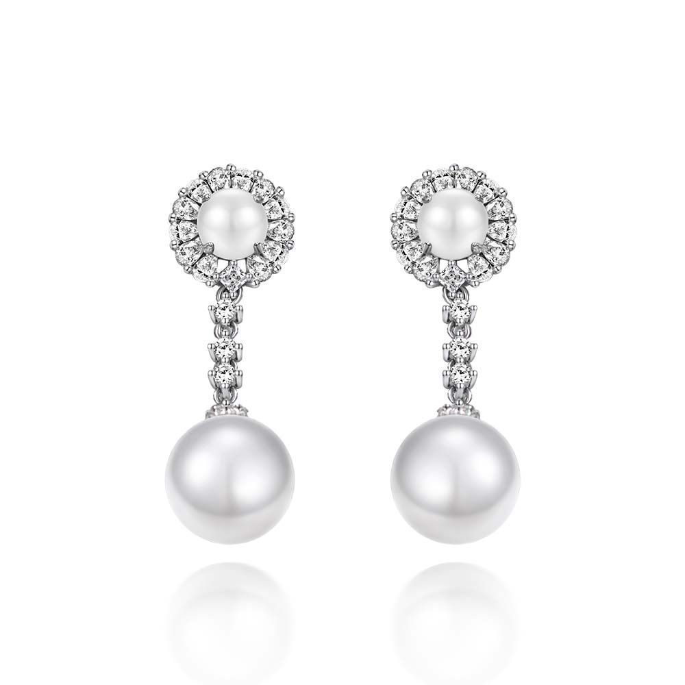 Classic Diamond White Round Pearl Pierced Earrings | Vooglam Front View